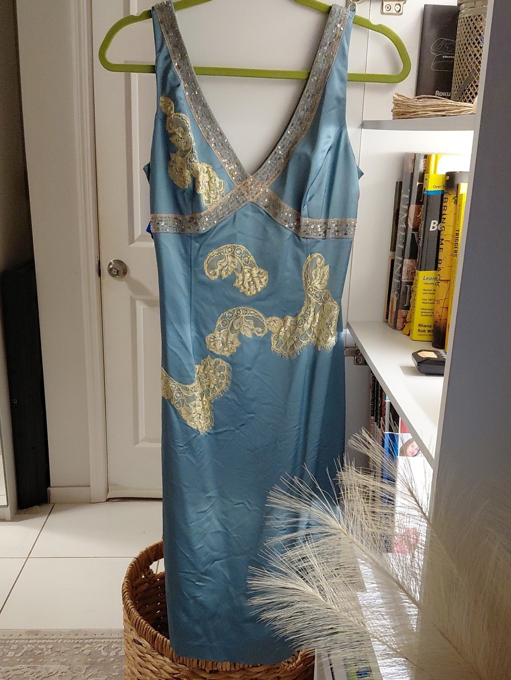 Papell Boutique Blue Satin Slip Dress with Cream Lace & Silver Trim